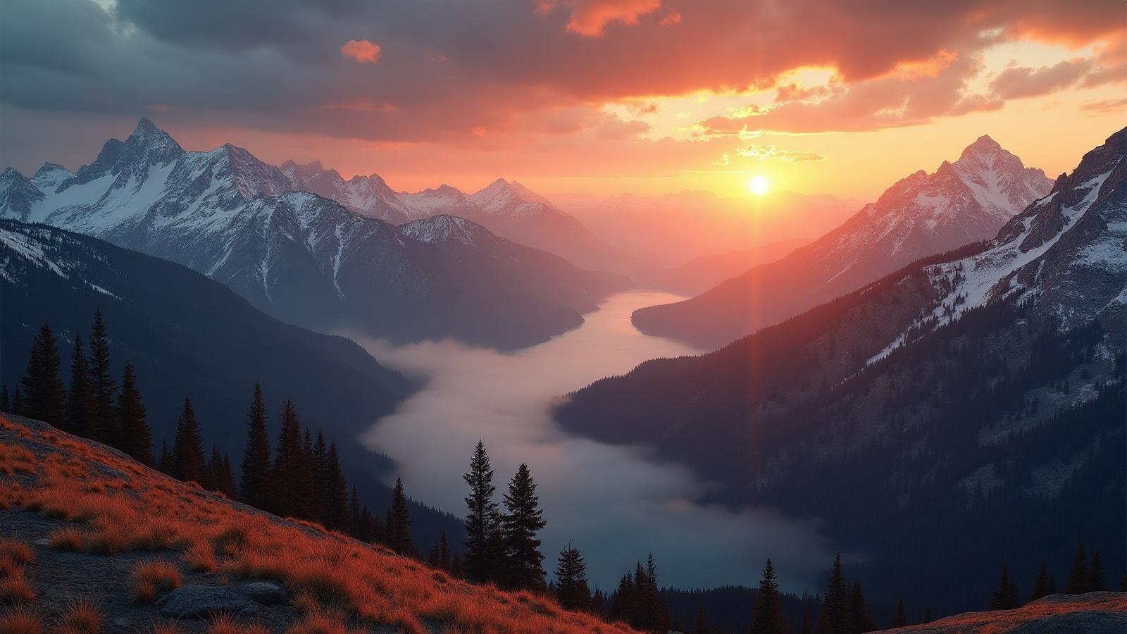 Colorado mountains at dawn with American flag elements, representing veterans healing journey