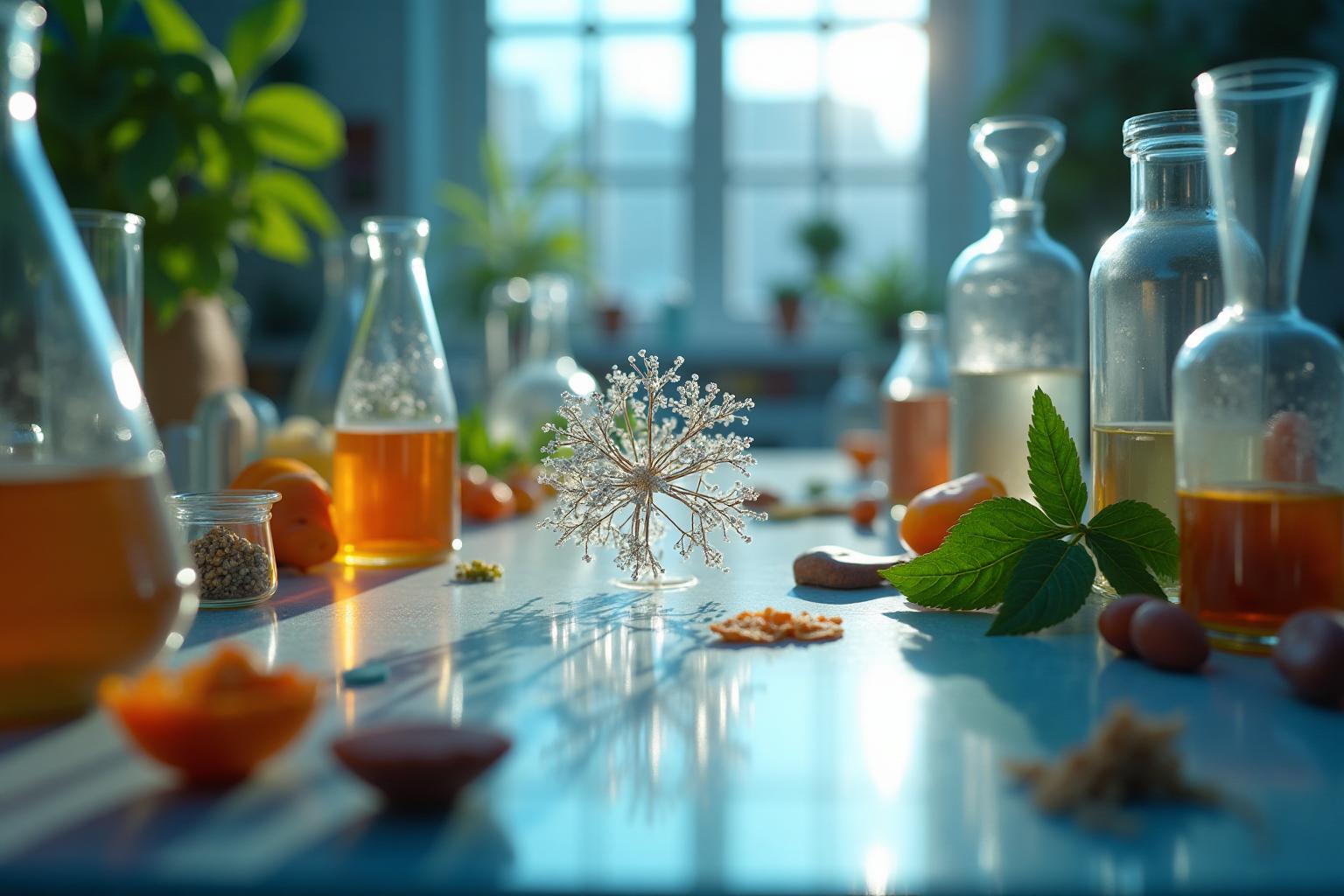 Modern laboratory table showing the intersection of science and nature, with glass beakers, lab instruments, natural medicinal herbs, and molecular models representing natural medicine research