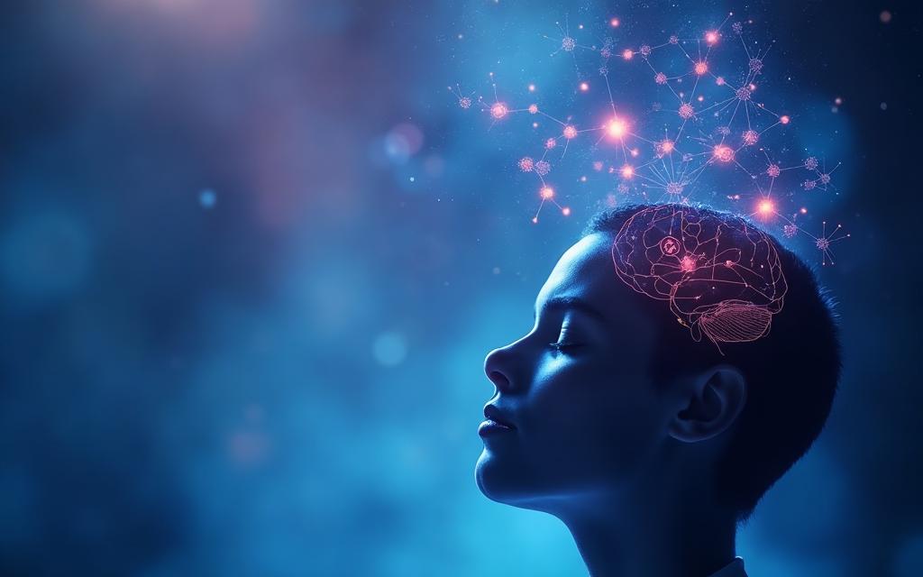 Person in calm meditation with psilocybin molecules and serotonin receptors illustrated above, showing how psilocybin works in the brain