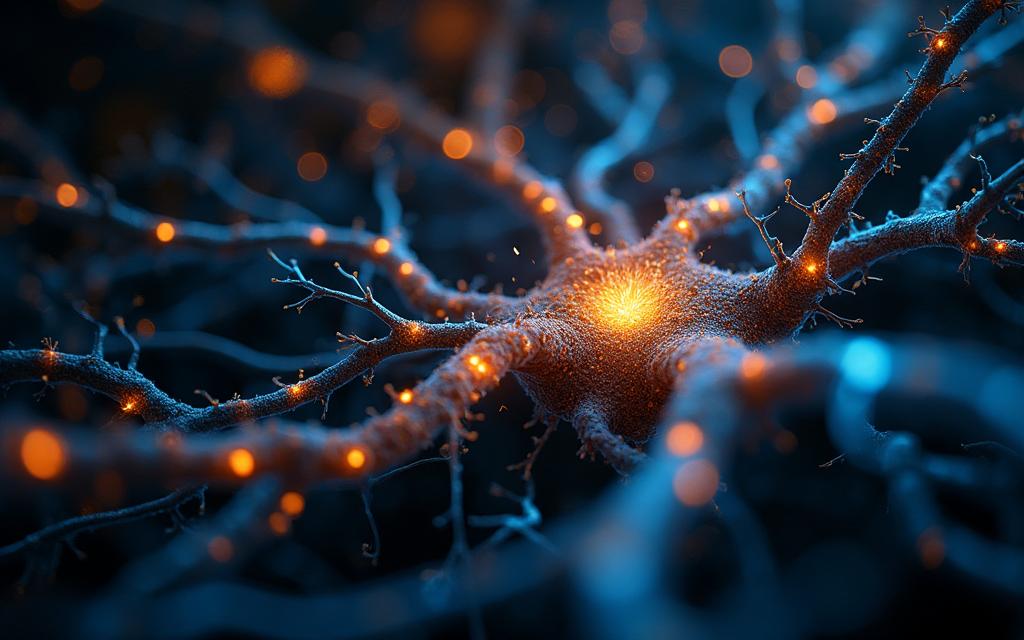Mycelial threads expanding and morphing into glowing neuron-like branches, representing enhanced neuroplasticity from psilocybin